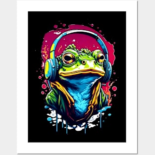 Funny Frog listening music art lovers gift Posters and Art